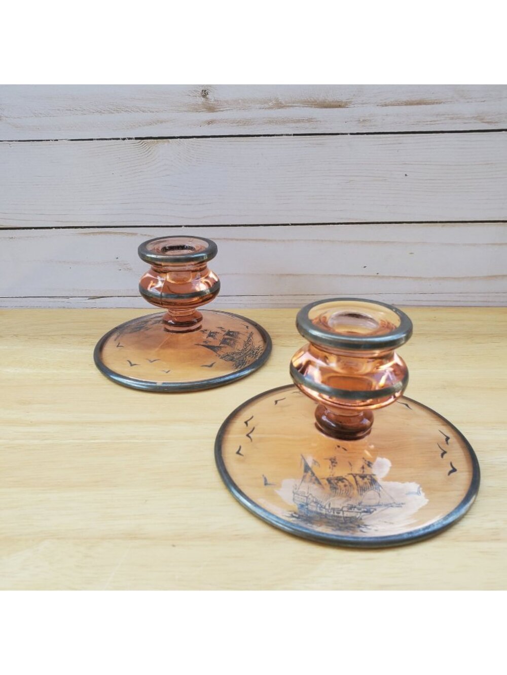 Fostoria Amber Depression Glass Silver Overlay Ship Candle Holders Nautical